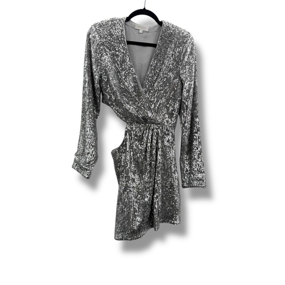 Jonathan Simkhai Conrad Sequin Mini Dress Size 8 Silver Long Sleeve Party Glam - Picture 3 of 13